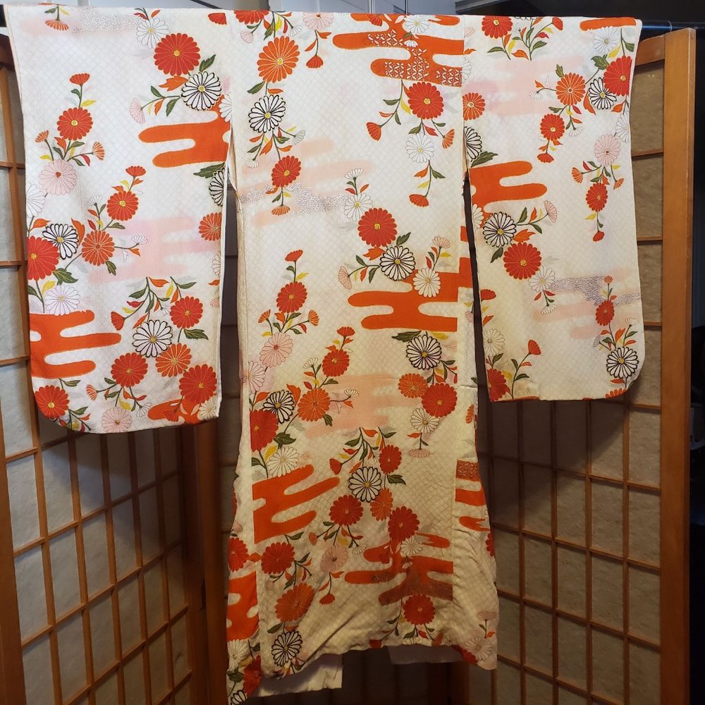 Japanese Vintage Retro Styled Childrens Kimono with Orange, Pink, Silver Accents